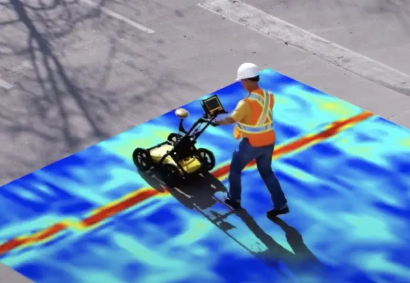 A man in an orange vest and hard hat is using a ground penetrating radar.